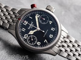 Show product details for Hanhart Pioneer MonoScope Single Button Chronograph Black Dial on Bracelet - Fluted Bezel